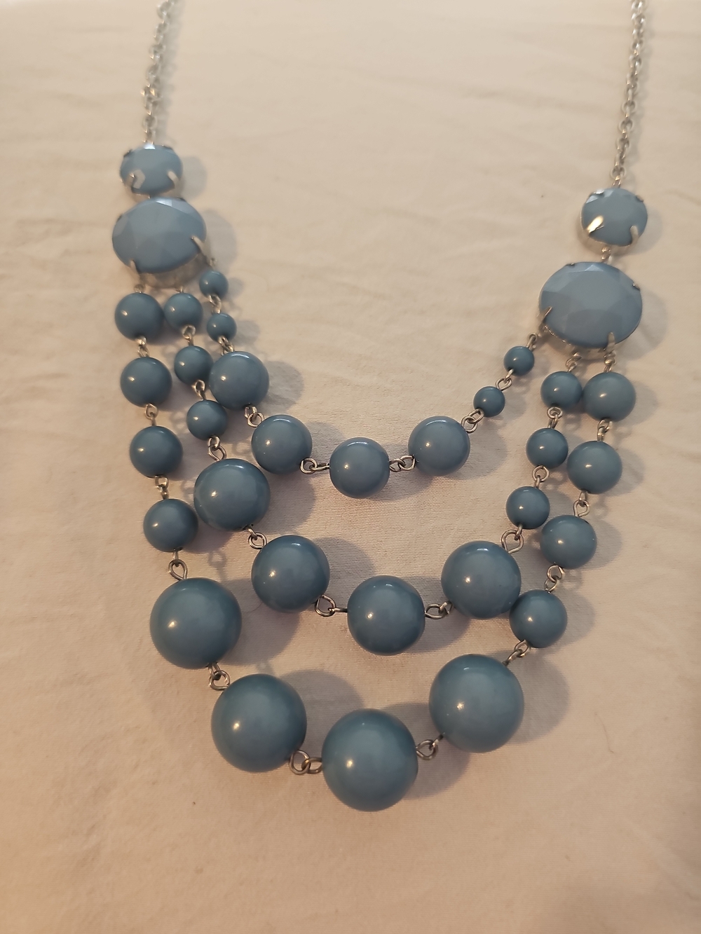 Blue Multi-Strand Beaded Statement Necklace - 3-Tier Fashion Jewelry